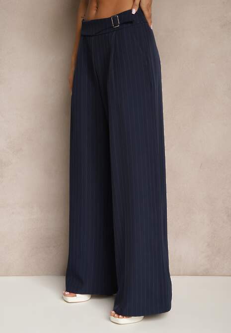 Granatowe Szerokie Spodnie Garniturowe z Wiskozą Ozdobione Paskiem Ellilara