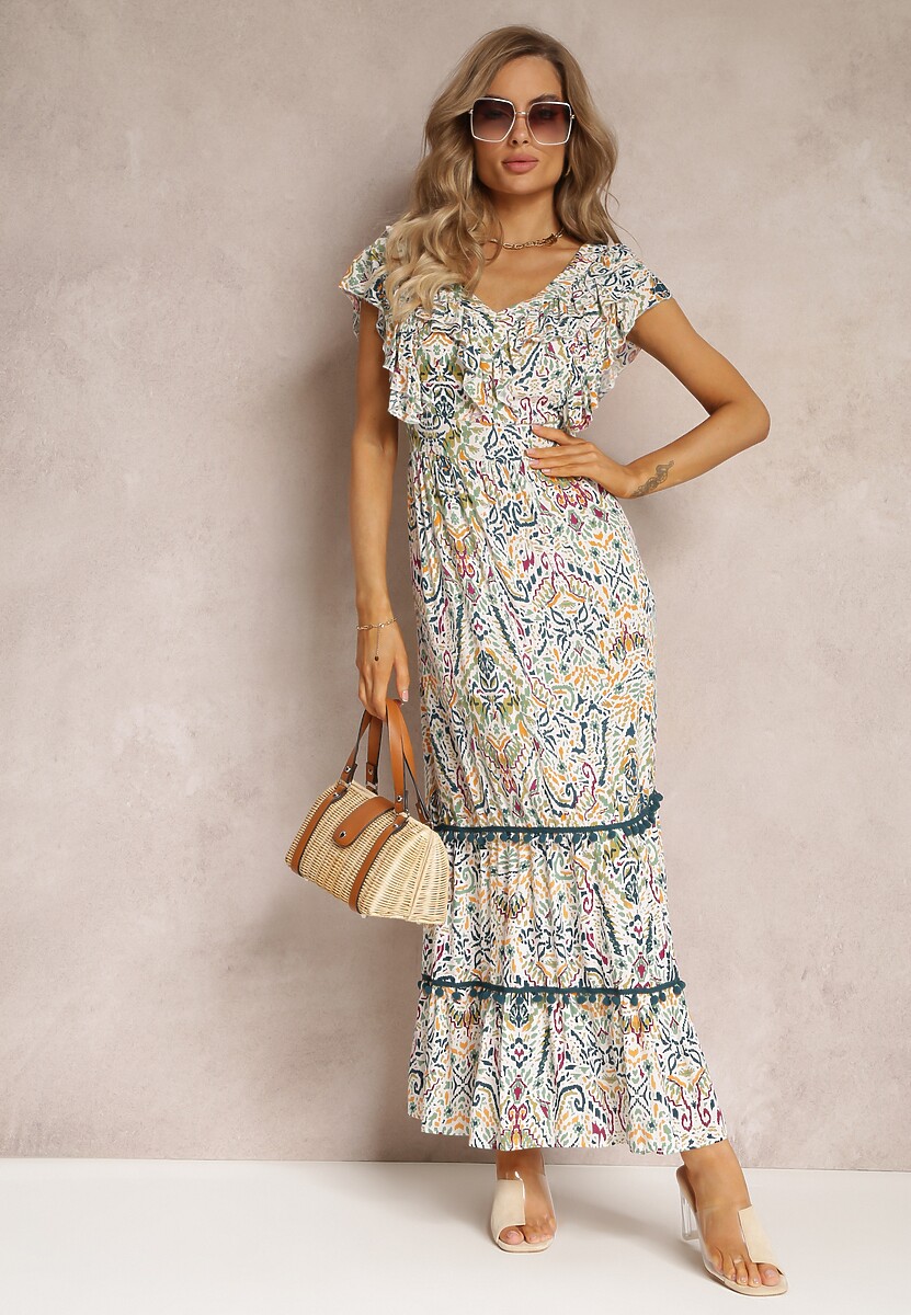 Biało-Beżowa Wiskozowa Sukienka Maxi z Pomponami i Gumką w Talii Belmona