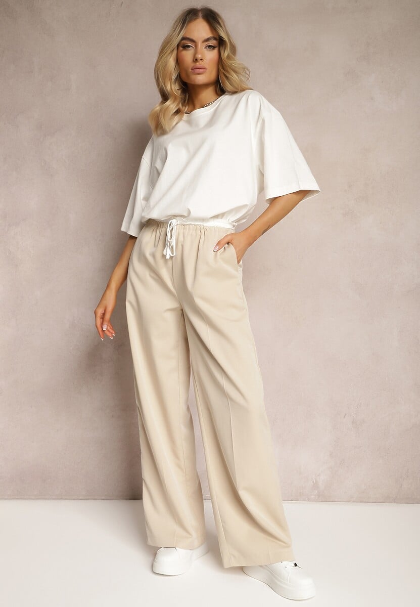 Szare Materiałowe Spodnie z Szerokimi Nogawkami High Waist z Gumką w Talii Comina