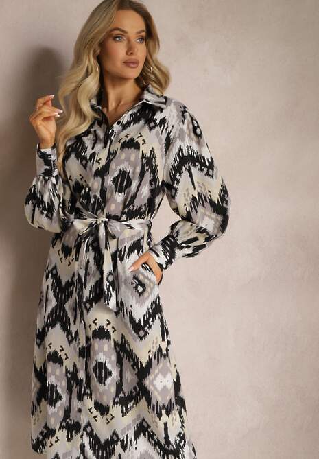 Czarno-Szara Sukienka Midi o Koszulowym Fasonie Ozdobionym Wzorem w Stylu Etno Thailven