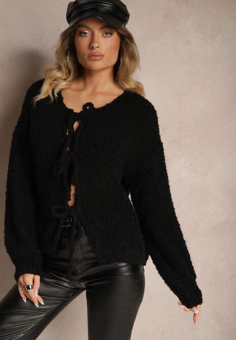 Czarny Kardigan z Wełną Bawełną i Wiskozą Ozdobiony Wiązaniem Lilassea