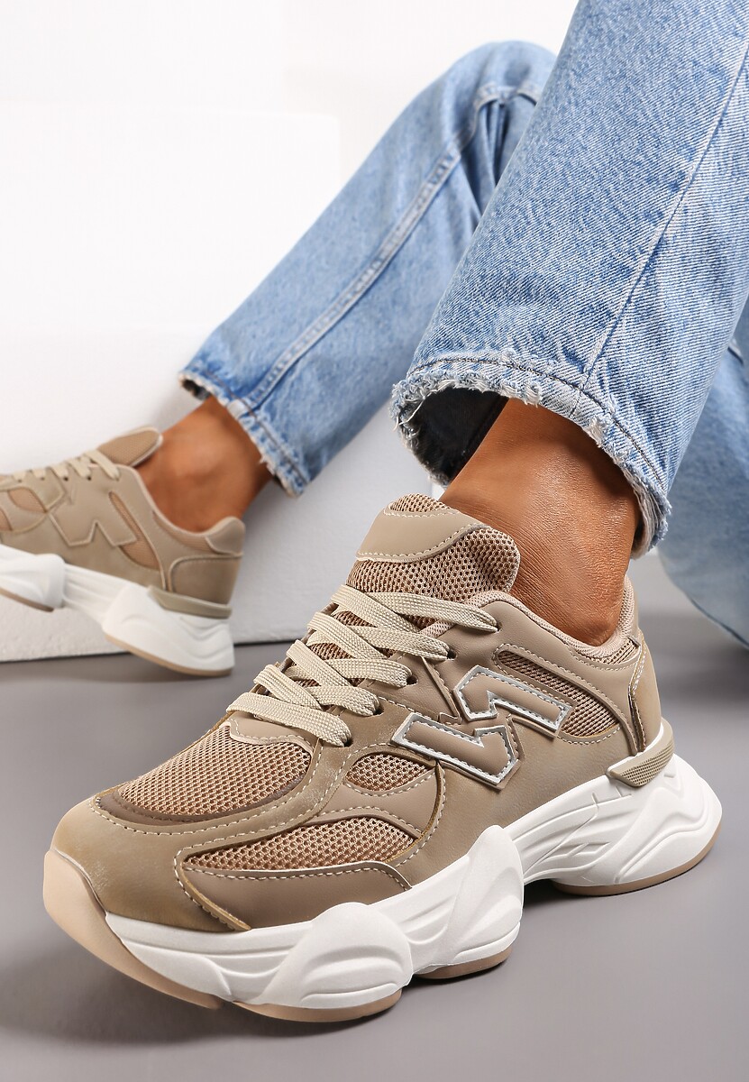 Ciemnobeżowe Sneakersy przed Kostkę na Grubej Podeszwie Ahana