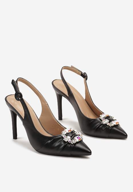 Czarne Sandały na Szpilce z Odkrytą Piętą Marszczeniem i Cyrkoniami Bendrea