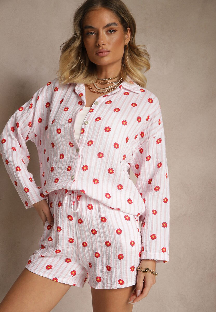 Biało-Czarny Muślinowy Komplet z Bawełny Koszula i Szorty we Wzór w Paski i Kwiaty Sellimi