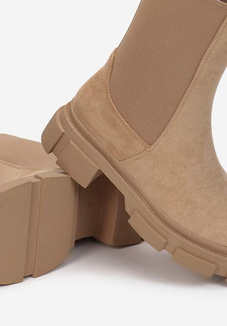 Ciemnobeżowe Botki na Grubej Podeszwie z Elastyczną Cholewką Batteux