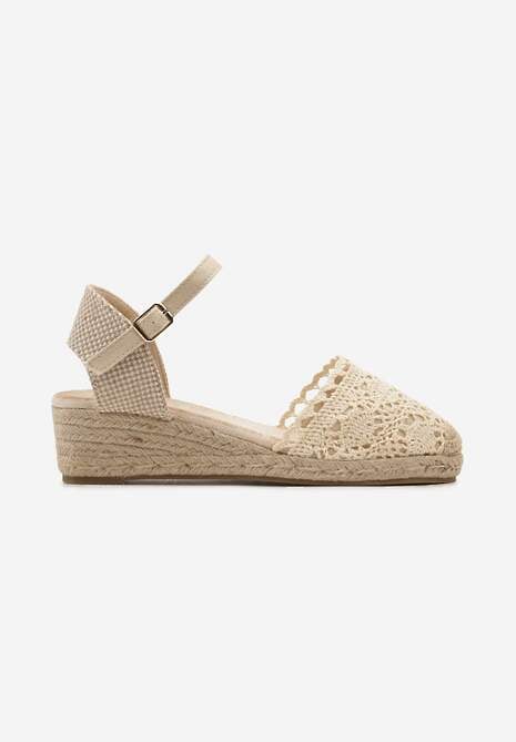 Beżowe Sandały w Stylu Espadryli na Koturnie z Plecionką i Ażurowym Noskiem Bellisae