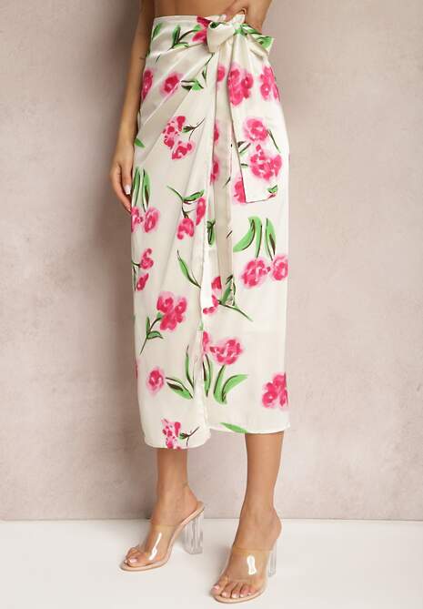 Beżowo-Różowa Kopertowa Spódnica Wiązana w Pasie w Kwiecisty Print z Satyny Ailepatia