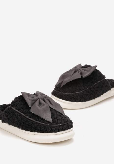 Czarne Futrzane Kapcie z Ozdobną Kokardką Minetasia