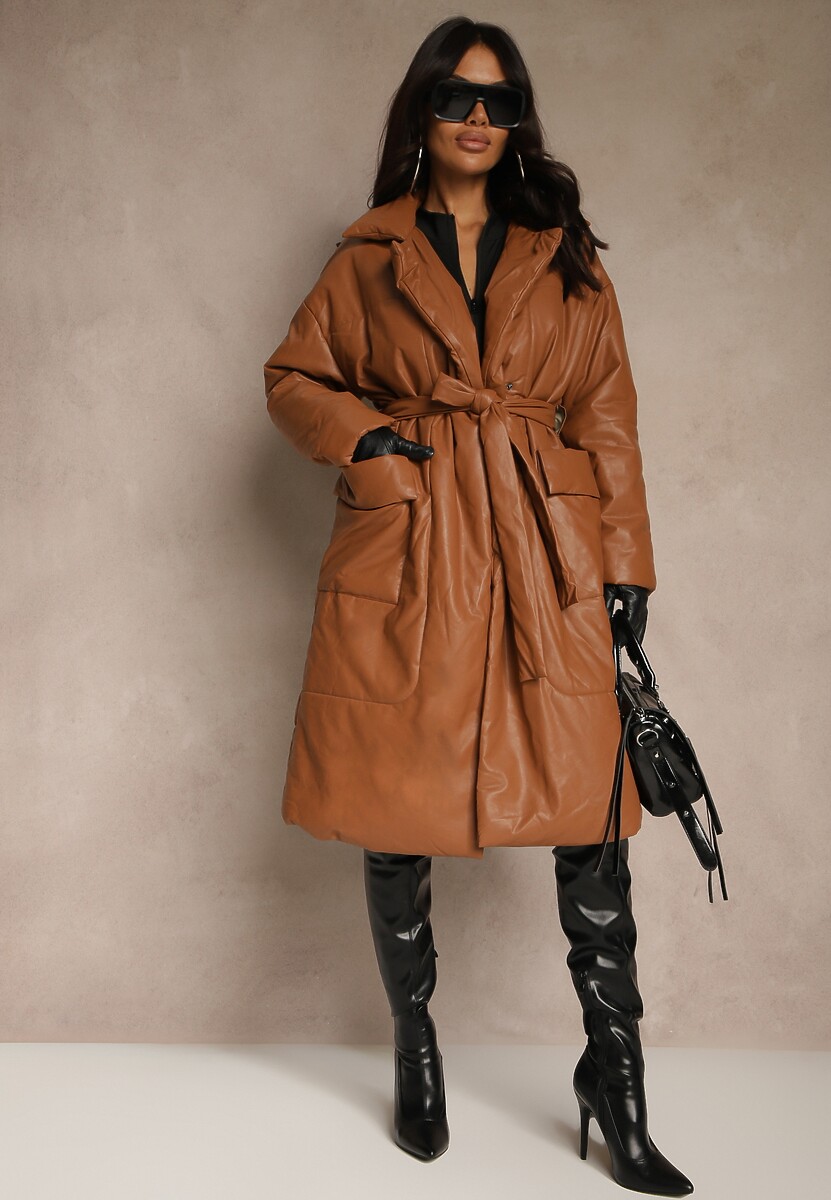 Brązowy Płaszcz z Imitacji Skóry z Wiązanym Paskiem Tosha