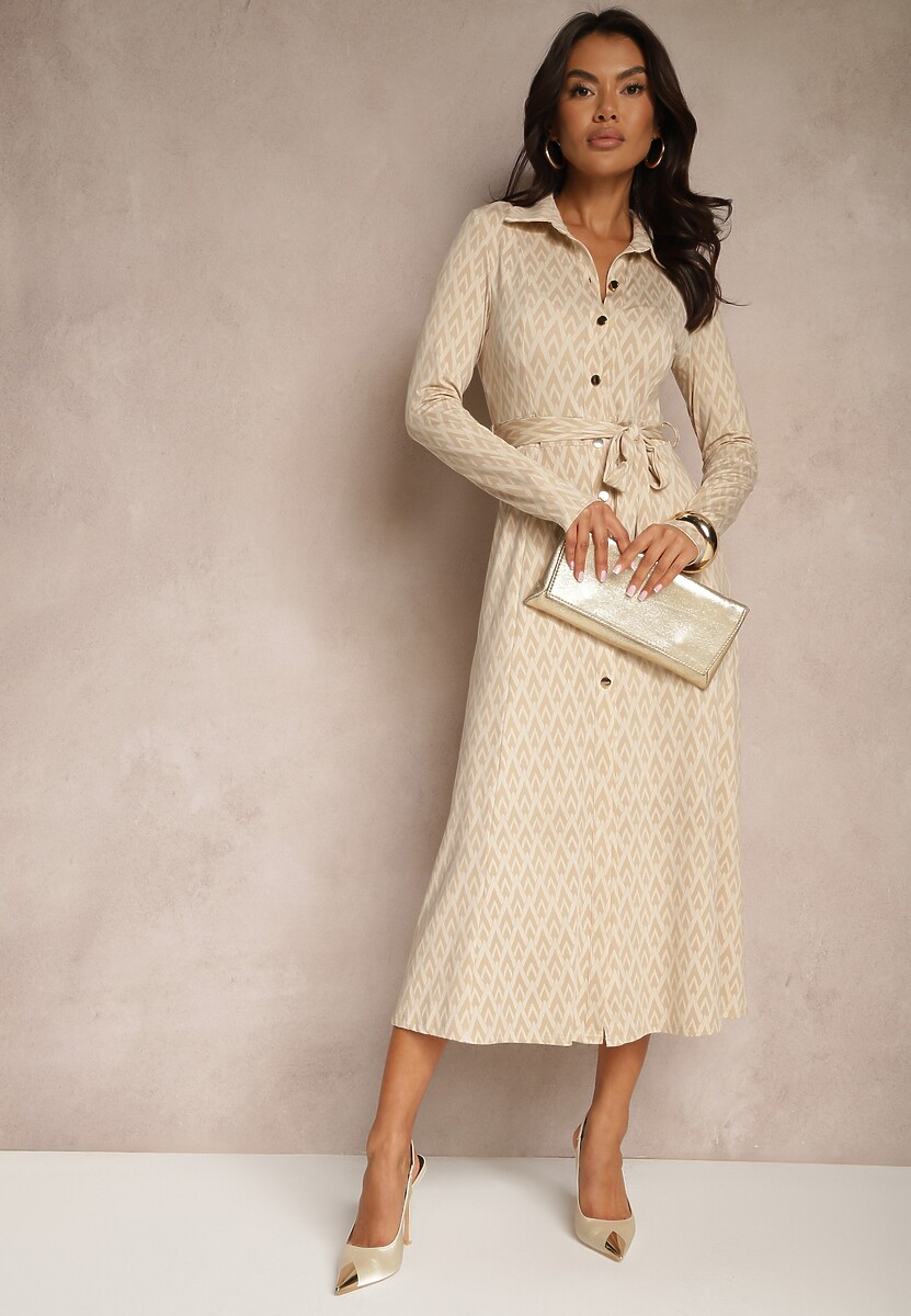 Beżowa Koszulowa Sukienka z Wiskozą Geometrycznym Wzorem i Paskiem Milseki