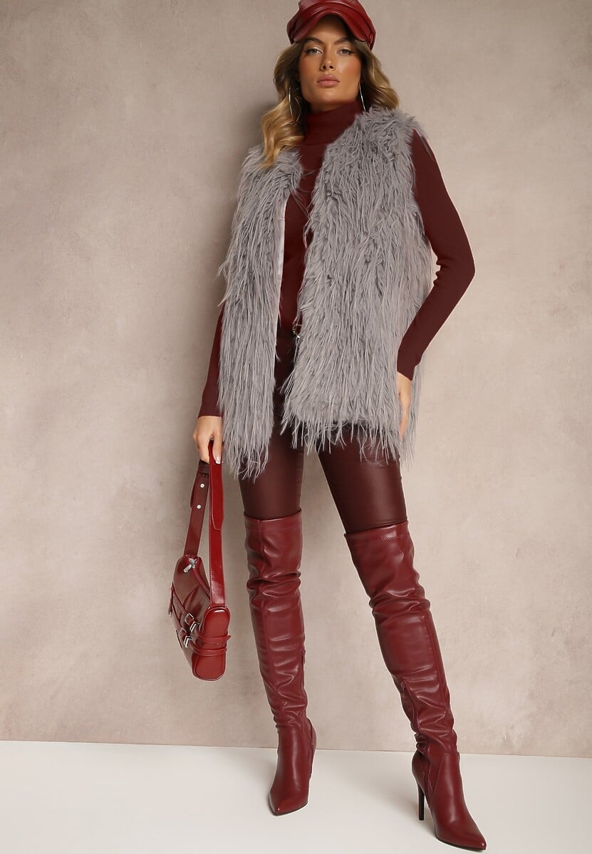 Szara Futerkowa Kamizelka o Prostym Kroju z Kieszeniami Venialith