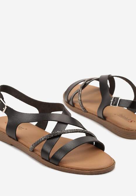 Czarne Sandały z Ozdobnymi Paskami z Cyrkoniami Nilkio