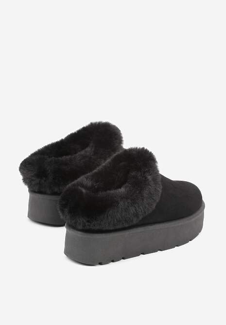 Czarne Krótkie Śniegowce na Platformie Ozdobione Futerkiem Sewlara