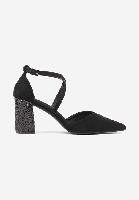 Czarne Czółenka Vices na Słupku ze Skórzaną Wkładką na Brokatowym Obcasie Ozdobione Paskami Learelia