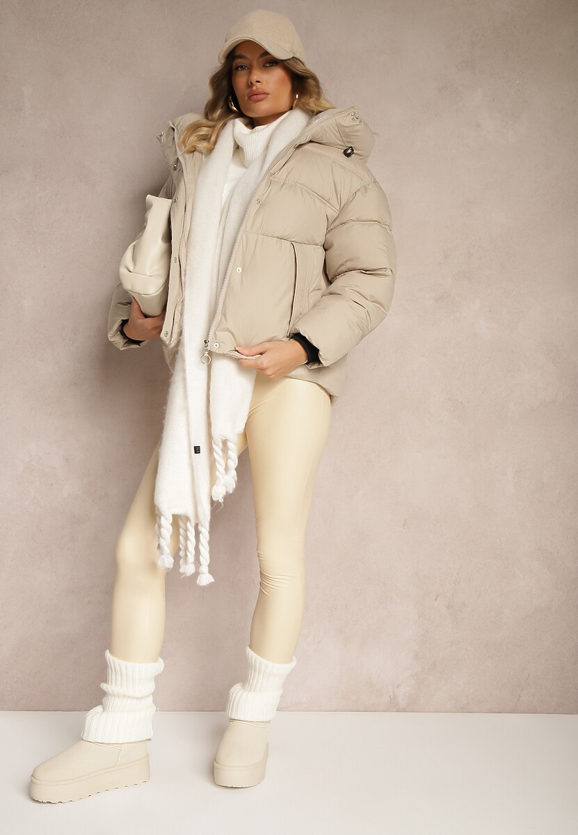 Jasnobeżowa Pikowana Kurtka z Kapturem ściągaczami i Troczkami Hedidra