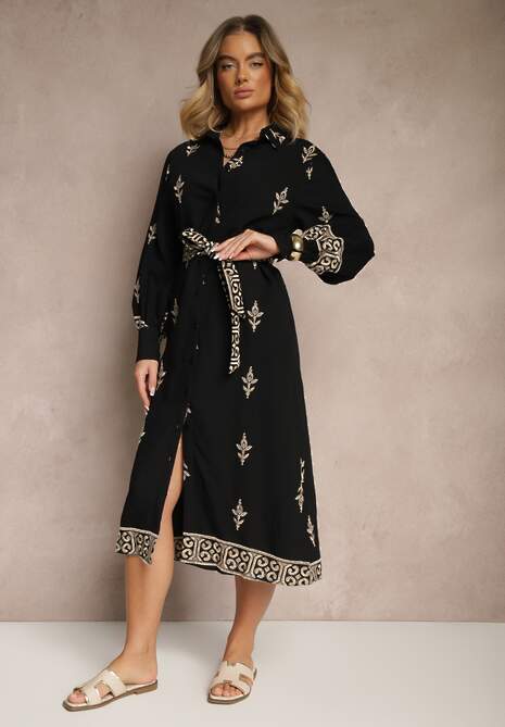 Czarna Koszulowa Sukienka w Stylu Szmizjerki z Wiskozy Wiązana w Talii Telaniwena