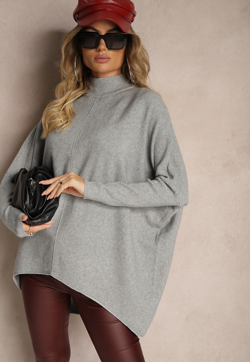 Szary Sweter Nietoperz z Dłuższym Tyłem i Półgolfem Vitirae