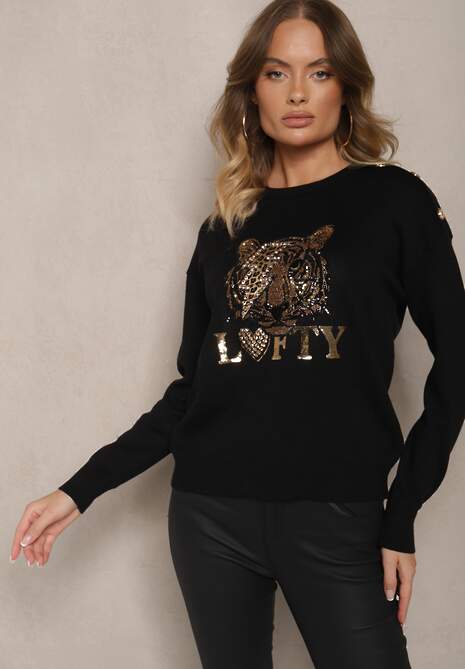 Czarny Sweter z Wiskozą Naszywką Napisem i Cyrkoniami Lilrae