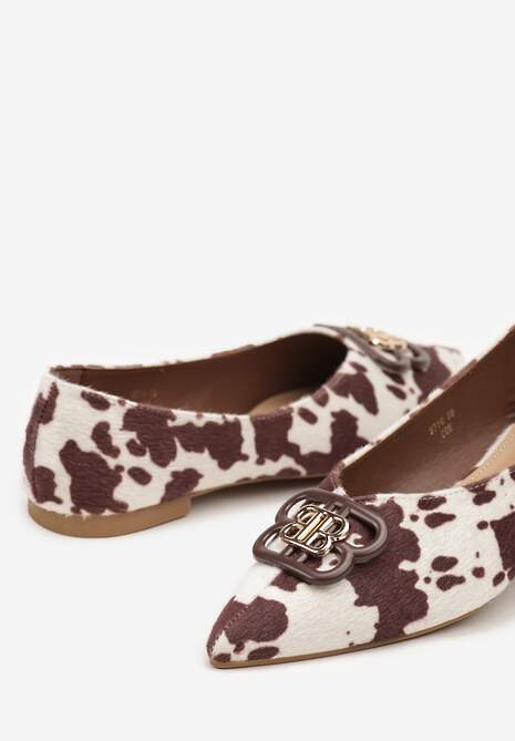 Brązowo-Białe Balerinki ze Szpiczastym Noskiem Zdobione Aplikacją Nalamira