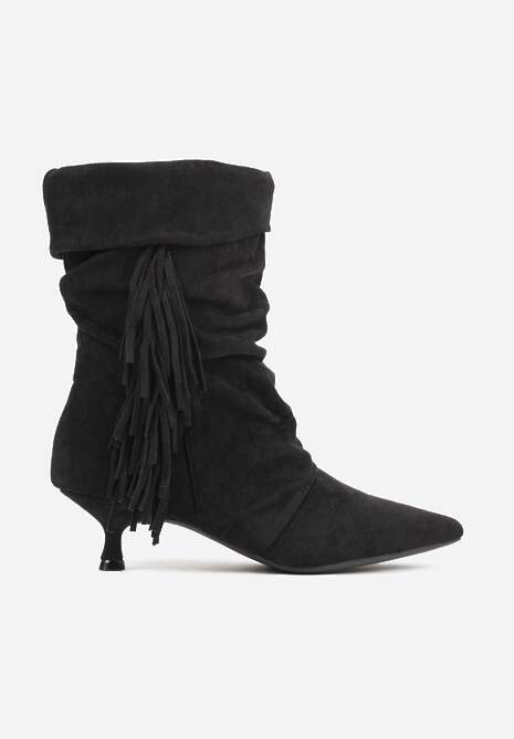 Czarne Wywinięte Botki na Kaczuszce Zdobione Marszczeniem i Frędzlami Gevea