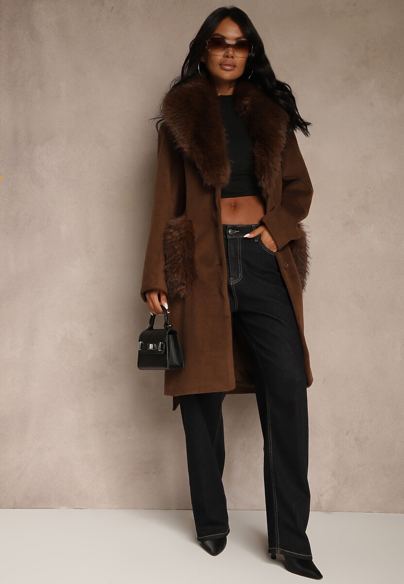 Brązowy Płaszcz z Futrzanym Kołnierzem Kieszeniami i Wiązanym Paskiem Perria