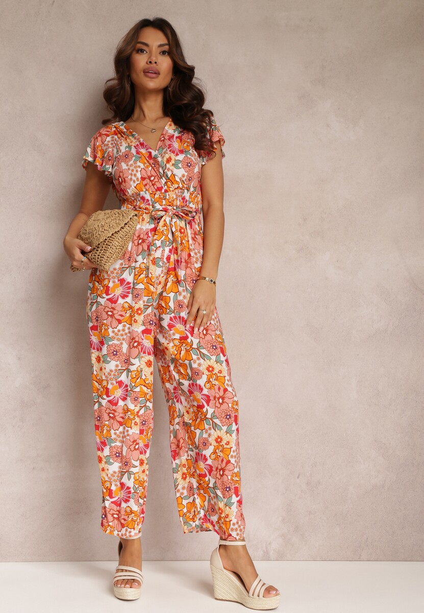 Pomarańczowo-Biały Kwiecisty Kombinezon z Wiskozy z Gumkami w Talii i Materiałowym Paskiem Kosine