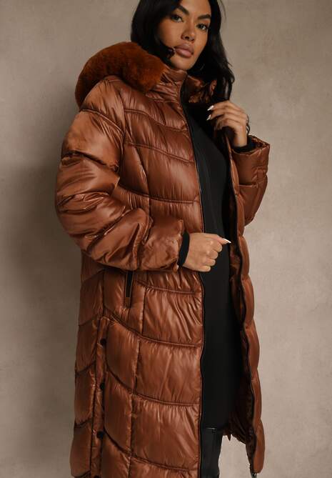 Brązowa Kurtka Płaszcz za Kolano z Pikowaniem i Odpinanym Kapturem Calarin