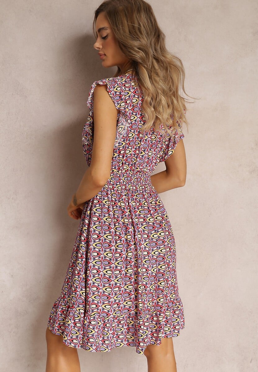 Fioletowo-Różowa Wiskozowa Sukienka Mini z Gumkami w Pasie w Kwiatki Reeves