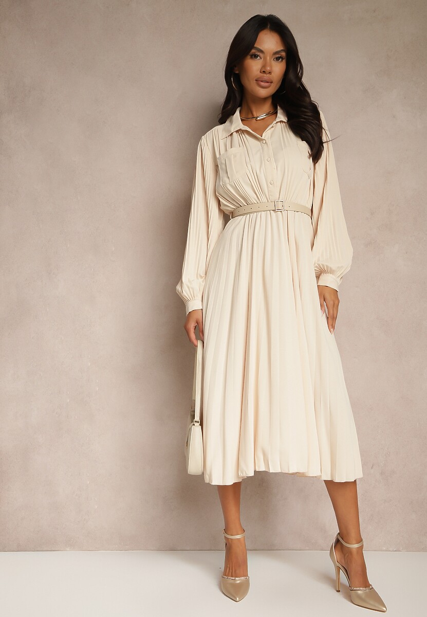 Beżowa Rozkloszowana Sukienka Midi z Guzikami i Paskiem Ozdobiona Plisowaniem Lathori
