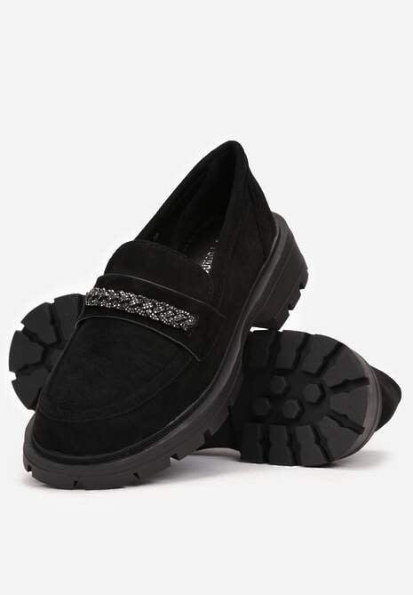 Czarne Mokasyny z Łańcuchem i Wkładką ze Skóry Naturalnej Elta