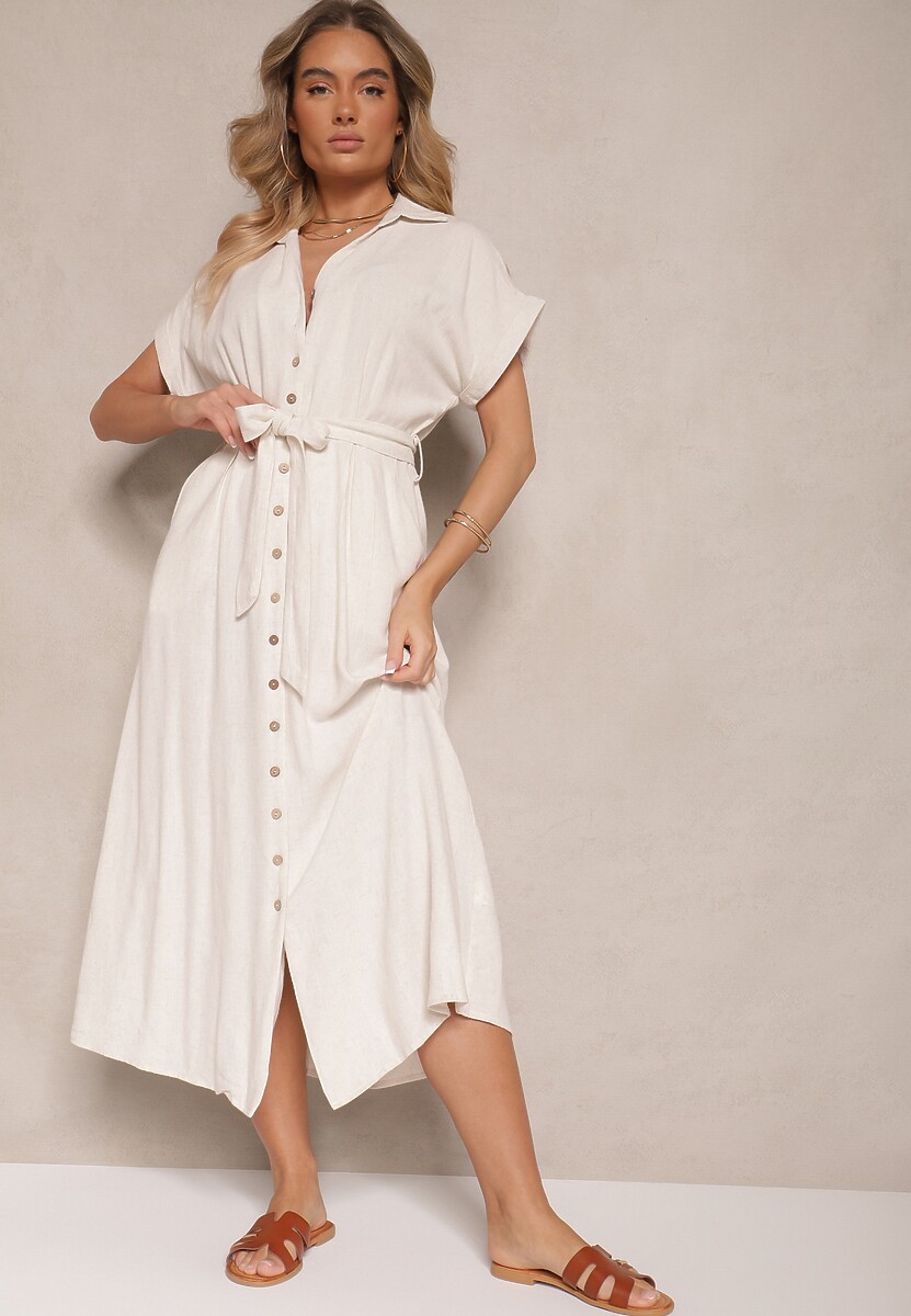 Jasnobeżowa Bawełniana Sukienka Koszulowa z Wiązanym Paskiem i Krótkim Rękawem Elannoria