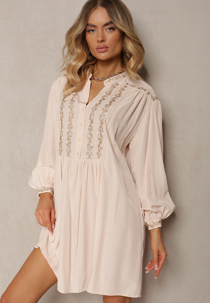 Beżowa Haftowana Sukienka Midi o Pudełkowym Fasonie z Długim Rękawem Rosen