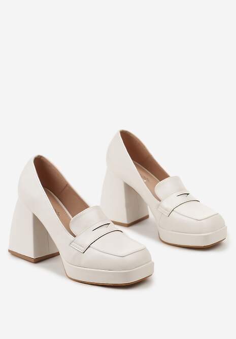 Białe Czółenka z Noskiem w Kwadrat na Słupku i Platformie z Ozdobnym Wycięciem Drizona