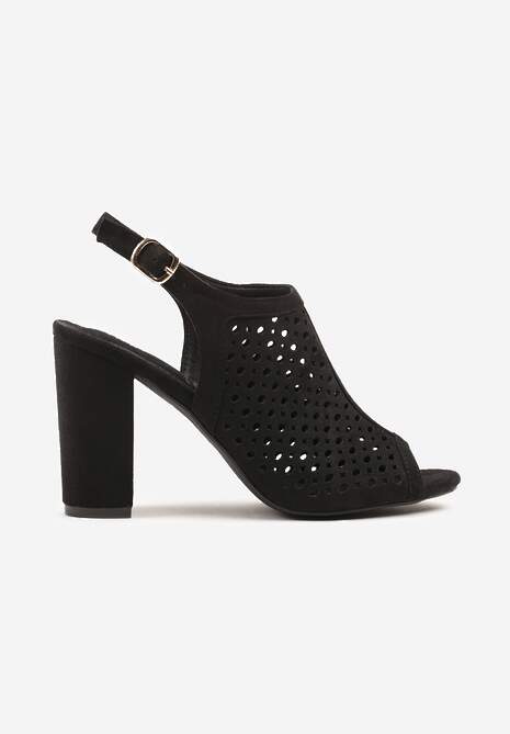 Czarne Sandały na Słupku z Ażurową Cholewką i  Skórzaną Wkładką Linalira