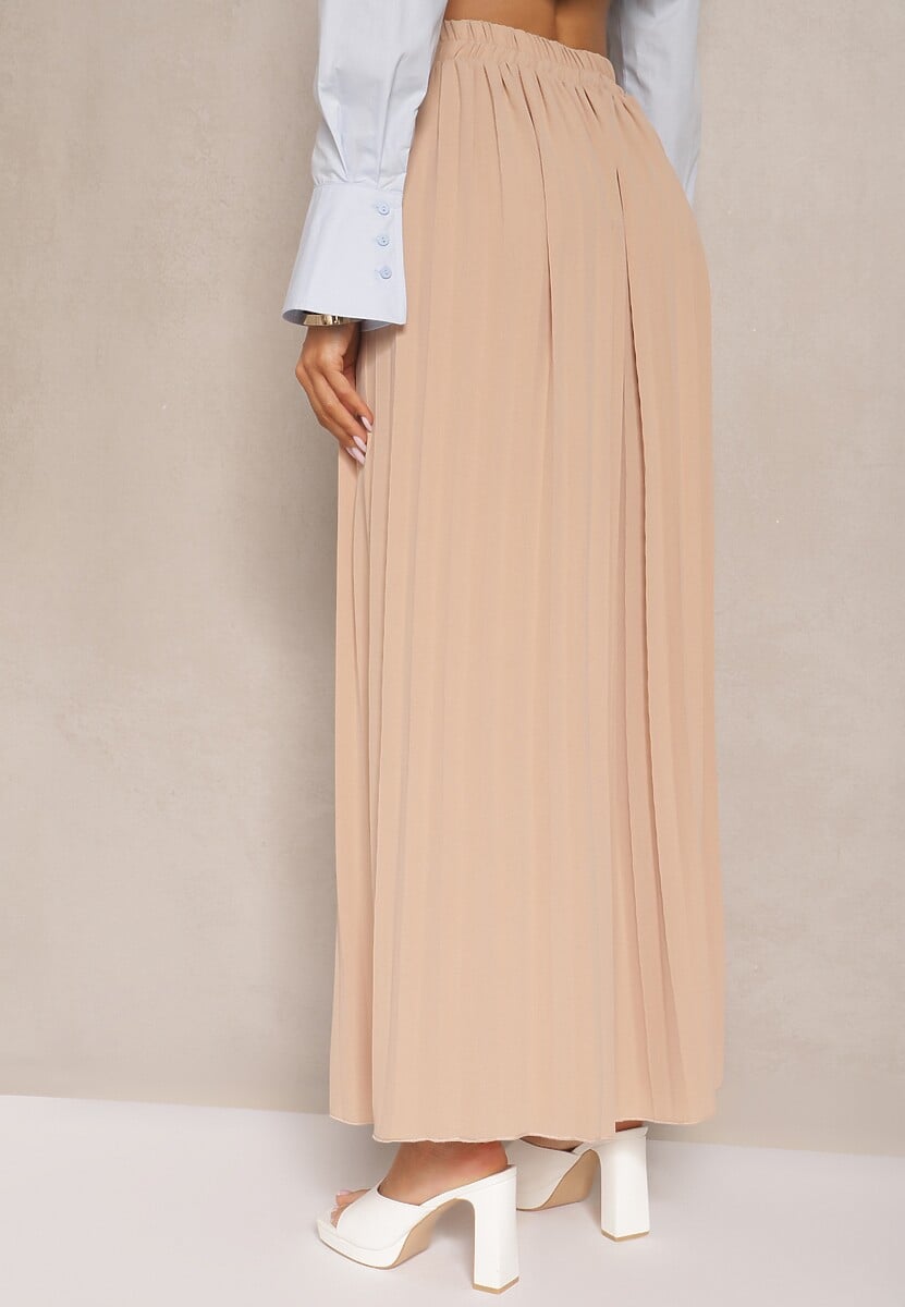 Beżowa Plisowana Spódnica o Rozkloszowanym Kroju z Gumką w Talii Ulindris