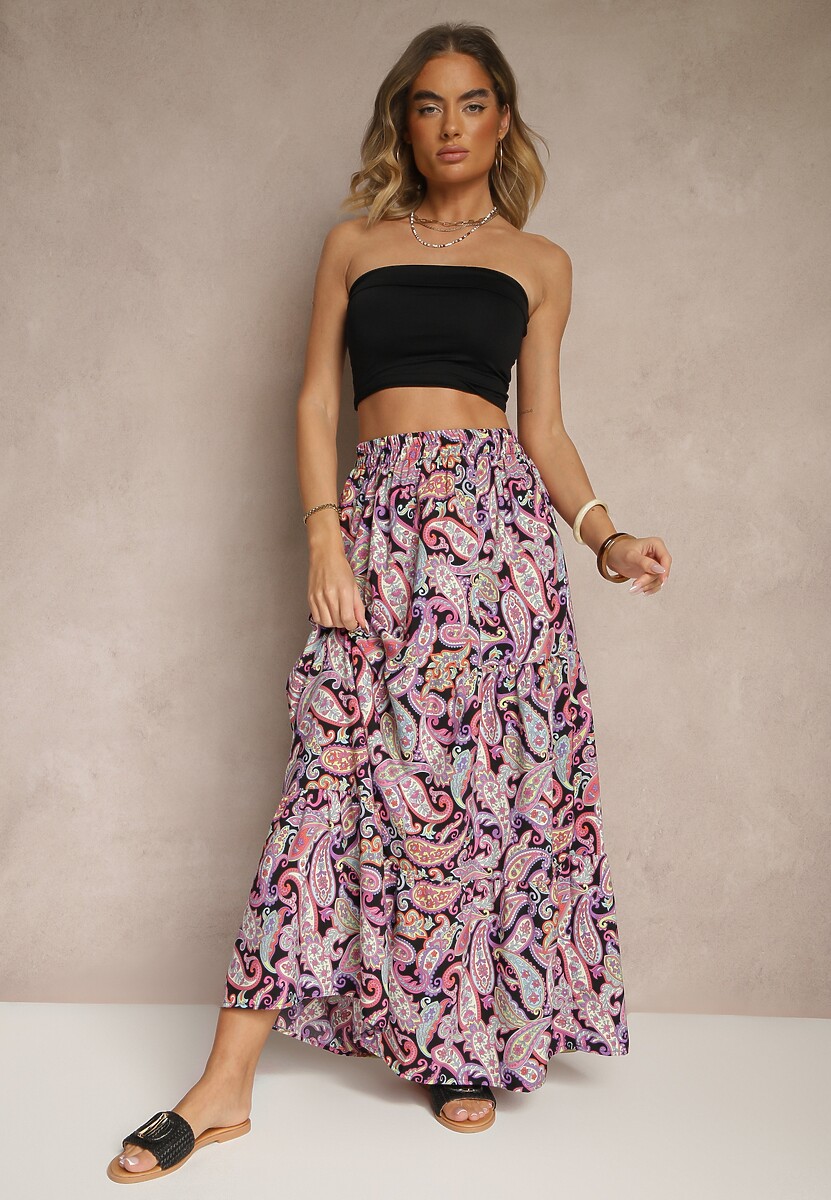 Pomarańczowa Spódnica Rozkloszowana High Waist z Motywem Paisley Nevolissa