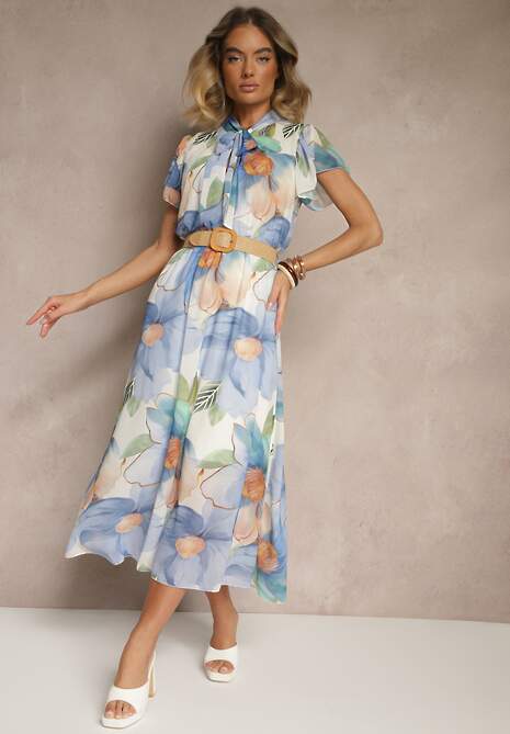 Jasnoniebieska Rozkloszowana Sukienka Zdobiona Wiązaniem i Paskiem z Klamrą Sorisse