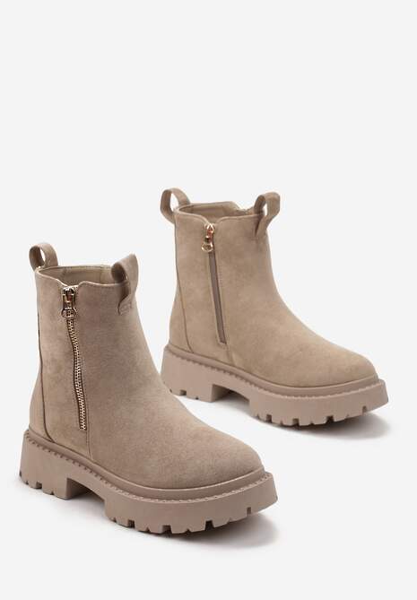 Beżowe Botki z Ozdobną Taśmą z Nadrukiem Dudrey