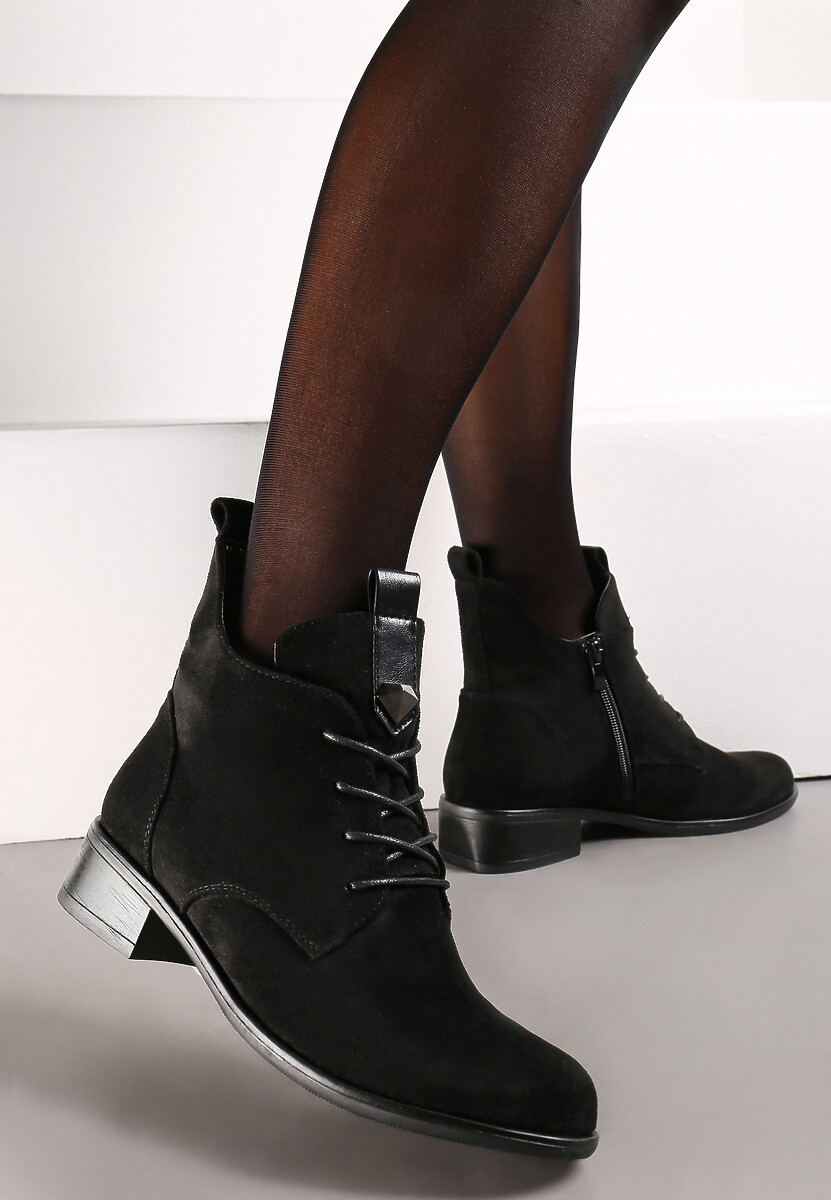 Czarne Botki Sznurowane z Ozdobnym Kamieniem i Wstawką z Ekoskóry Julietta