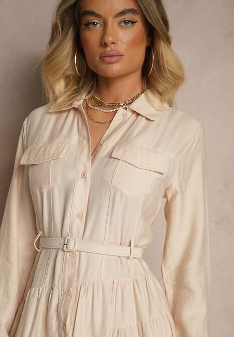 Beżowa Rozkloszowana Sukienka z Wiskozy z Guzikami i Paskiem Ronesa