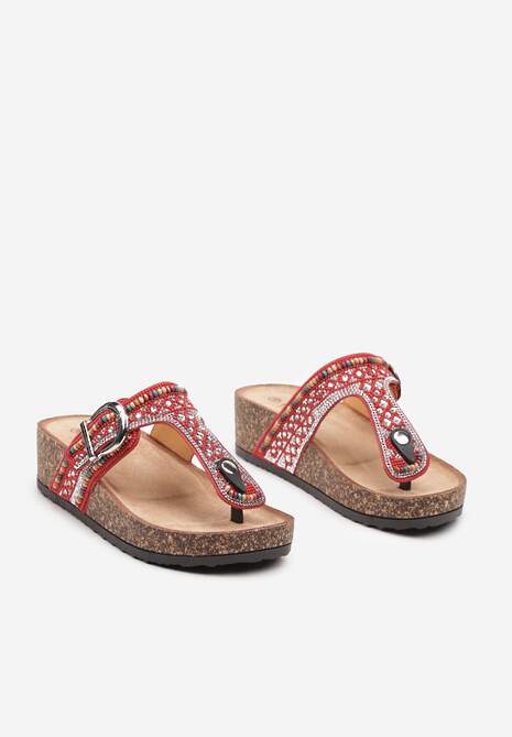 Czerwone Japonki Klapki na Grubej Podeszwie i Koturnie Zdobione Cyrkoniami Tinoraema