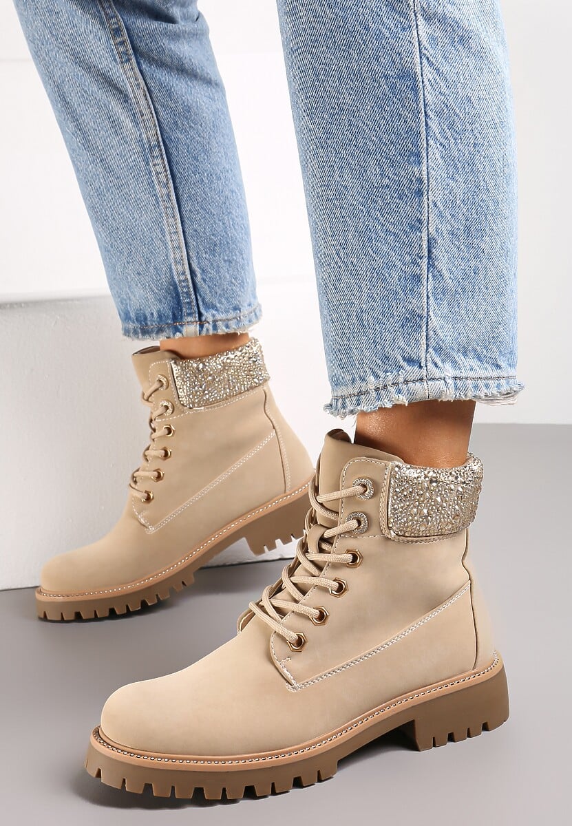 Beżowe Botki Traperki na Płaskiej Podeszwie z Przeszyciami i Cyrkoniami Flurella