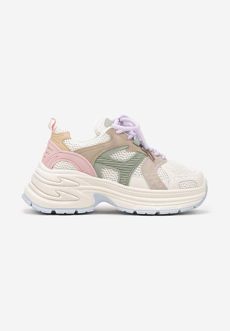 Jasnobeżowe Sneakersy na Platformie z Tłoczeniem i Geometrycznym Wzorem Melvila