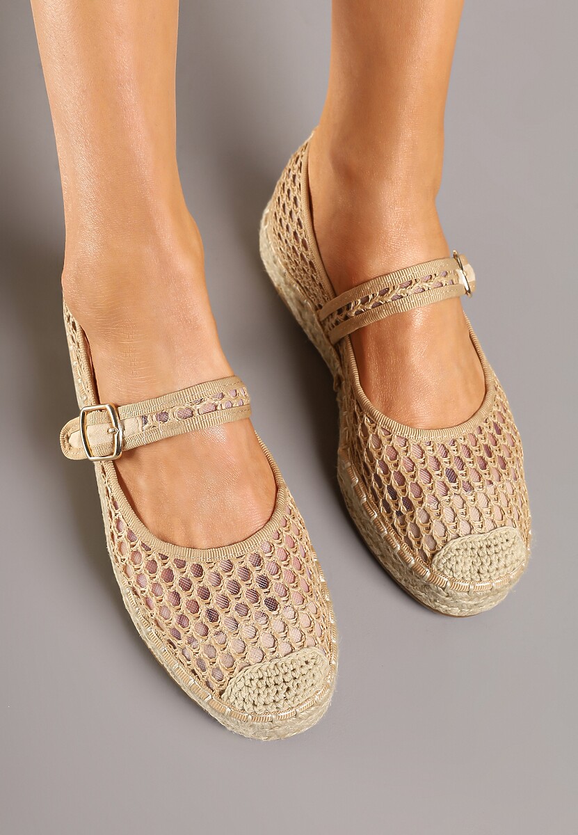 Beżowe Siateczkowe Espadryle na Podeszwie z Juty Zapinane na Sprzączkę Geniffia