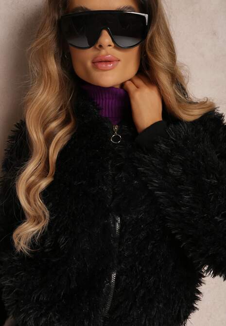 Czarna Kurtka Wełniana z Kapturem Makil