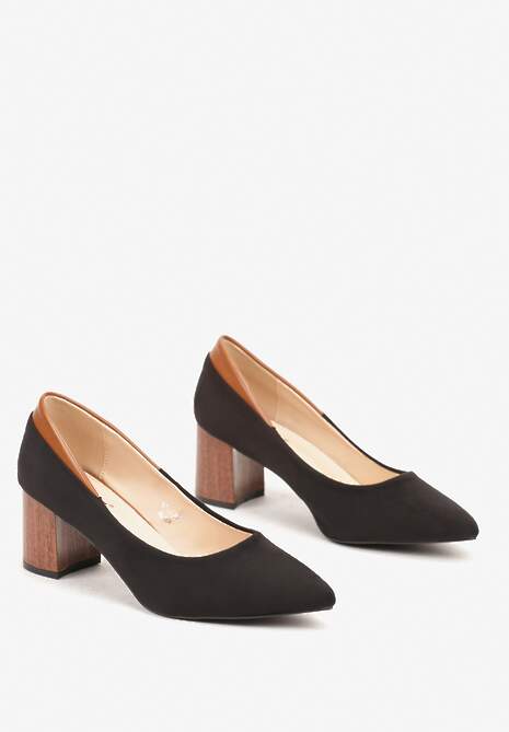Czarne Czółenka na Obcasie Typu Słupek ze Szpiczastym Noskiem i Metaliczną Wstawką Erifra