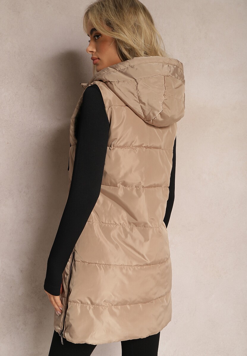 Ciemnobeżowa Długa Kamizelka Pikowana Dwustronna ze Sznurkami przy Kapturze Frenila