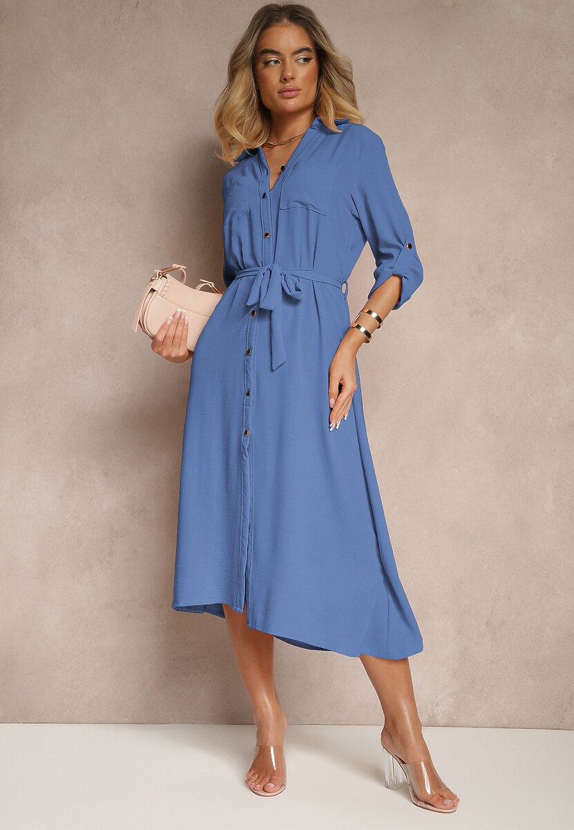 Niebieska Sukienka Koszulowa Ozdobiona Paskiem Vivirielle
