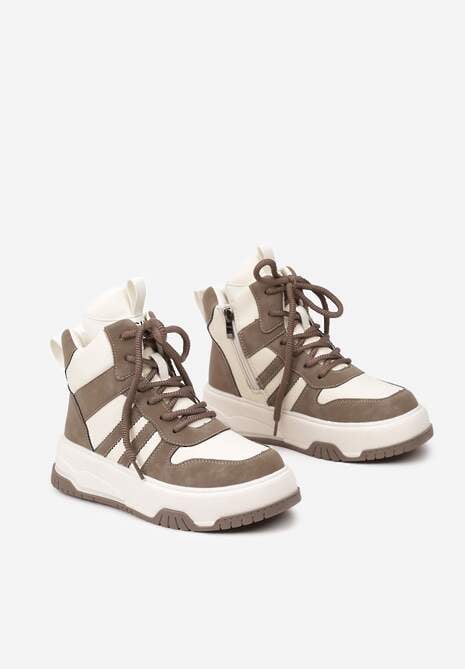 Beżowo-Brązowe Sneakersy na Płaskiej Podeszwie z Wysoką Cholewką w Paski z Ociepleniem Noradwen