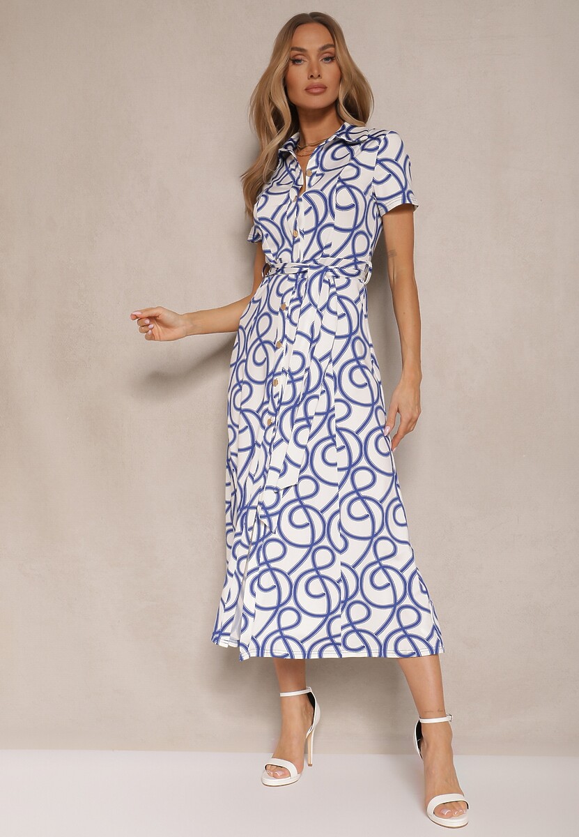 Niebieska Sukienka z Wiskozą o Koszulowym Kroju z Geometrycznym Wzorem Saravione